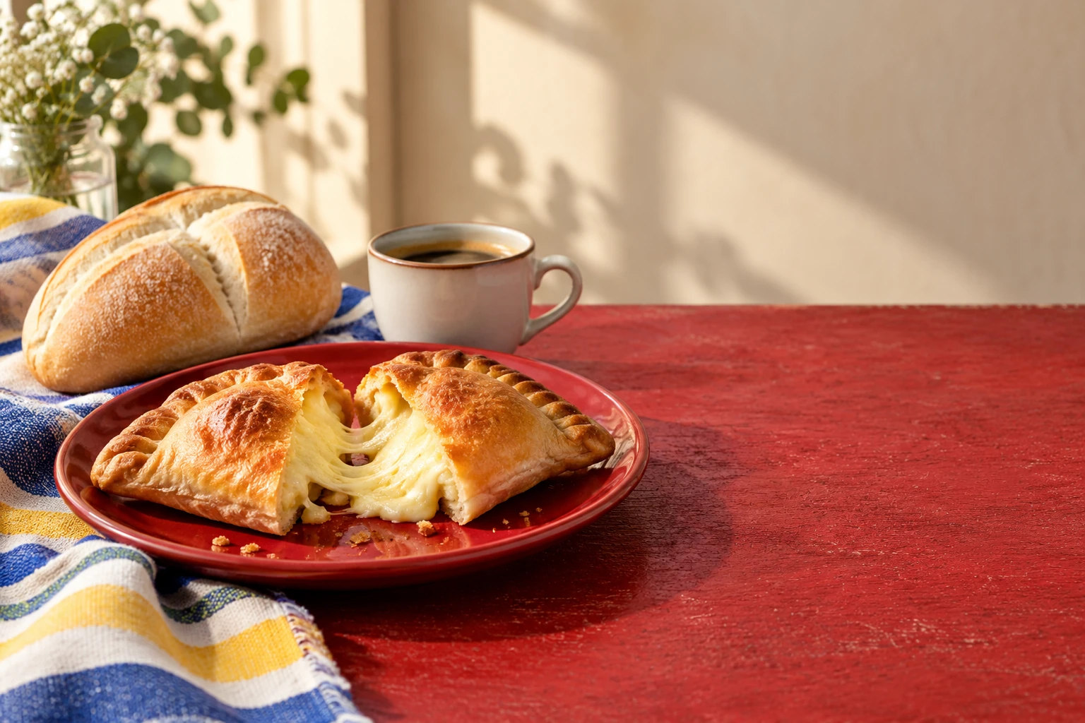 Illustrative cheese empanada, crusty bread and coffee on a red table; not a photograph of Juanito Deli Bakery Cafe.